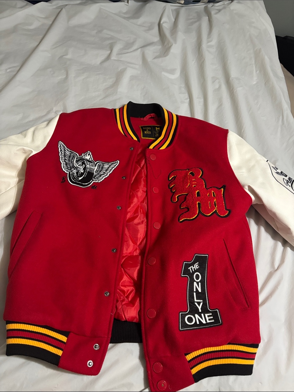 Red & White Varsity Bomber Jacket with Embroidered Patches